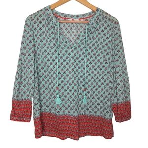 Boden Womens Colorful Contrast Floral Print Tassle Neck Cotton Blouse Size 4